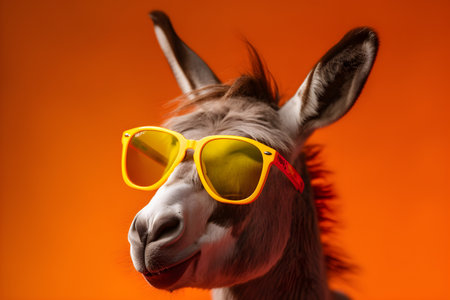Funny donkey wearing sunglasses in studio with a colorful and bright background. Created with generative AIの素材