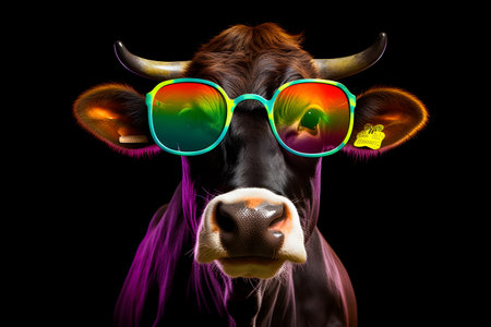 Funny cow wearing sunglasses in studio with a colorful and bright background. Created with generative AIの素材