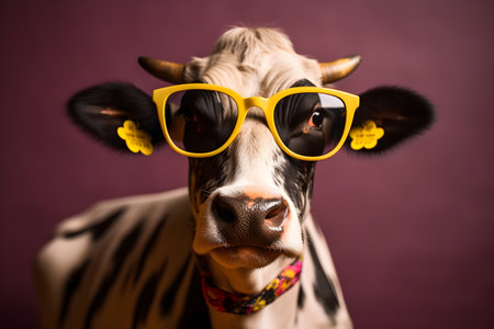 Funny cow wearing sunglasses in studio with a colorful and bright background. Created with generative AIの素材