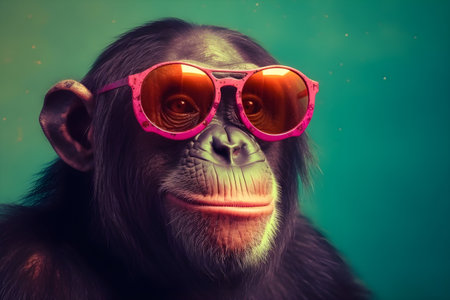 Funny chimpanzee wearing sunglasses in studio with a colorful and bright background. Created with generative AIの素材