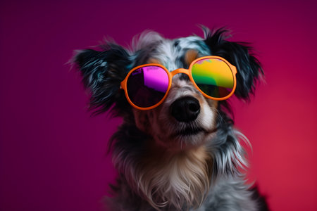 Funny dog wearing sunglasses in studio with a colorful and bright background. Created with generative AIの素材