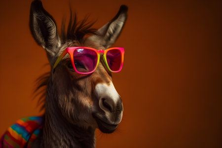 Funny donkey wearing sunglasses in studio with a colorful and bright background. Created with generative AIの素材