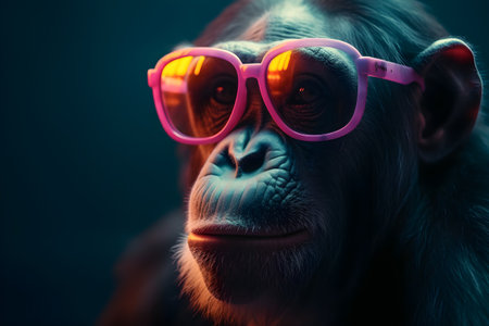 Funny chimpanzee wearing sunglasses in studio with a colorful and bright background. Created with generative AIの素材
