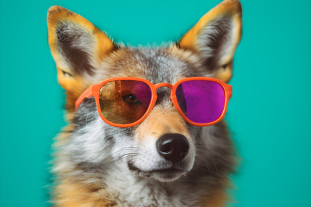 Funny coyote wearing sunglasses in studio with a colorful and bright background. Created with generative AIの素材