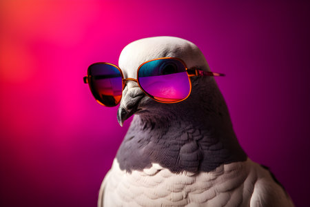 Funny dove wearing sunglasses in studio with a colorful and bright background. Created with generative AIの素材