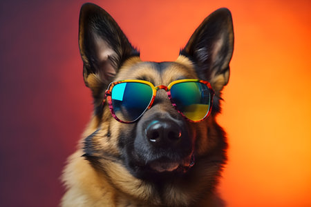 Funny dog wearing sunglasses in studio with a colorful and bright background. Created with generative AIの素材