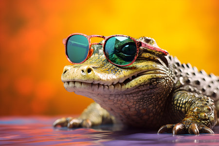 Funny crocodile wearing sunglasses in studio with a colorful and bright background. Created with generative AIの素材