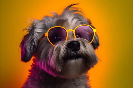 Funny dog wearing sunglasses in studio with a colorful and bright background. Created with generative AIの素材