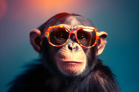 Funny chimpanzee wearing sunglasses in studio with a colorful and bright background. Created with generative AIの素材