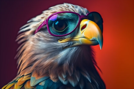 Funny eagle wearing sunglasses in studio with a colorful and bright background. Created with generative AIの素材