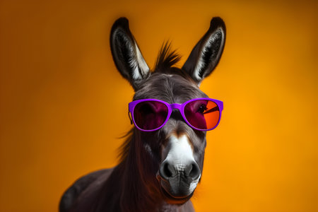 Funny donkey wearing sunglasses in studio with a colorful and bright background. Created with generative AIの素材