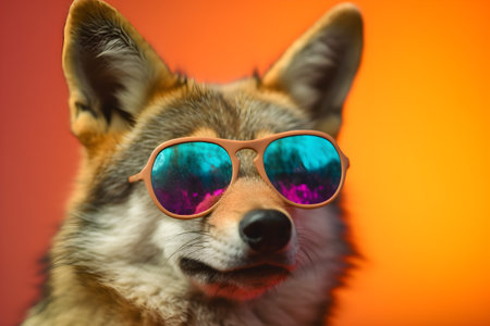 Funny coyote wearing sunglasses in studio with a colorful and bright background. Created with generative AIの素材