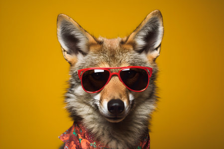 Funny coyote wearing sunglasses in studio with a colorful and bright background. Created with generative AIの素材
