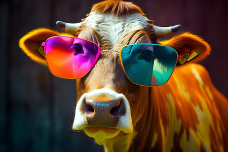 Funny cow wearing sunglasses in studio with a colorful and bright background. Created with generative AIの素材