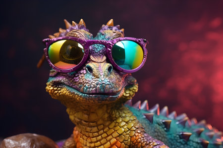 Funny dragon wearing sunglasses in studio with a colorful and bright background. Created with generative AIの素材