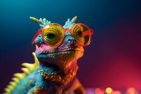 Funny dragon wearing sunglasses in studio with a colorful and bright background. Created with generative AIの素材