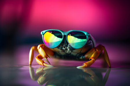 Funny crab wearing sunglasses in studio with a colorful and bright background. Created with generative AIの素材
