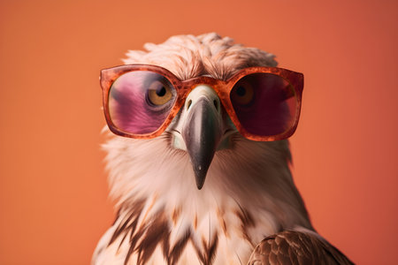 Funny eagle wearing sunglasses in studio with a colorful and bright background. Created with generative AIの素材