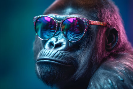 Funny gorilla wearing sunglasses in studio with a colorful and bright background. Created with generative AIの素材