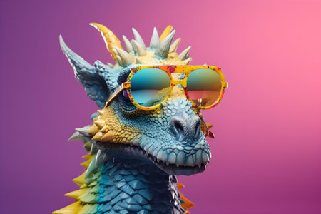 Funny dragon wearing sunglasses in studio with a colorful and bright background. Created with generative AIの素材