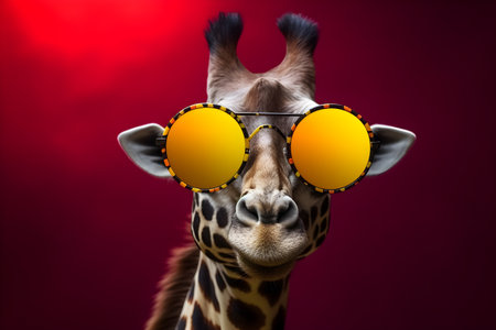 Funny giraffe wearing sunglasses in studio with a colorful and bright background. Created with generative AIの素材