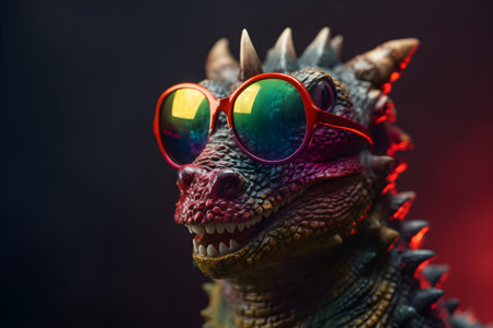 Funny dragon wearing sunglasses in studio with a colorful and bright background. Created with generative AIの素材