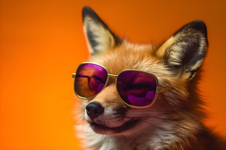 Funny fox wearing sunglasses in studio with a colorful and bright background. Created with generative AIの素材