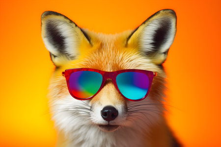 Funny fox wearing sunglasses in studio with a colorful and bright background. Created with generative AIの素材