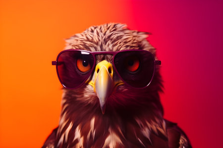 Funny eagle wearing sunglasses in studio with a colorful and bright background. Created with generative AIの素材