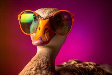 Funny goose wearing sunglasses in studio with a colorful and bright background. Created with generative AIの素材