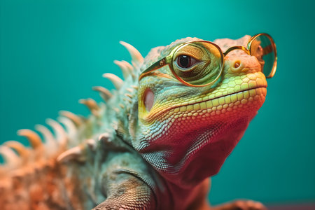Funny iguana wearing sunglasses in studio with a colorful and bright background. Created with generative AIの素材