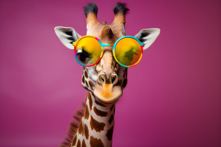 Funny giraffe wearing sunglasses in studio with a colorful and bright background. Created with generative AIの素材
