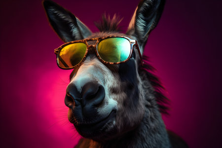 Funny donkey wearing sunglasses in studio with a colorful and bright background. Created with generative AIの素材