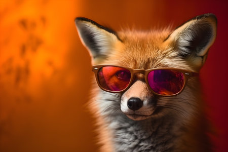 Funny fox wearing sunglasses in studio with a colorful and bright background. Created with generative AIの素材