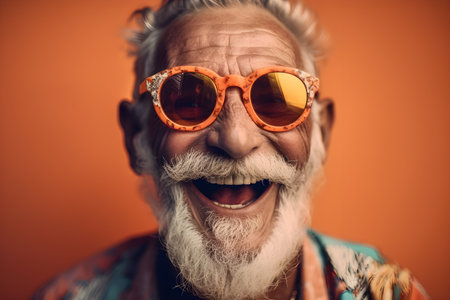 Funny old man wearing sunglasses in studio and laughing - colorful. Created with generative AIの素材