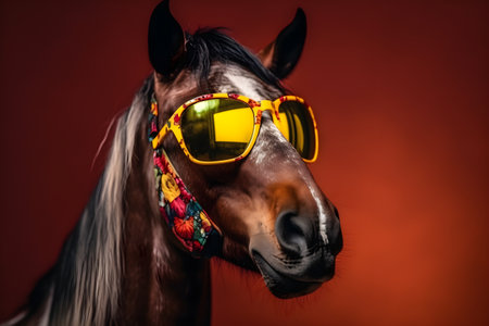 Funny horse wearing sunglasses in studio with a colorful and bright background. Created with generative AIの素材
