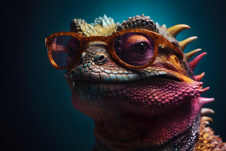 Funny dragon wearing sunglasses in studio with a colorful and bright background. Created with generative AIの素材