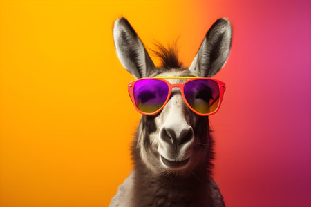 Funny donkey wearing sunglasses in studio with a colorful and bright background. Created with generative AIの素材