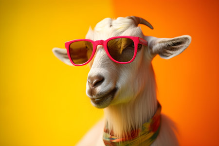 Funny goat wearing sunglasses in studio with a colorful and bright background. Created with generative AIの素材