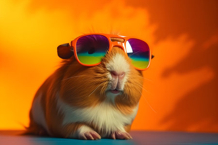 Funny guinea pig wearing sunglasses in studio with a colorful and bright background. Created with generative AIの素材