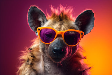 Funny hyena wearing sunglasses in studio with a colorful and bright background. Created with generative AIの素材