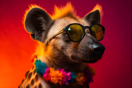 Funny hyena wearing sunglasses in studio with a colorful and bright background. Created with generative AIの素材