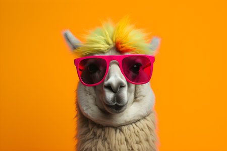 Funny llama wearing sunglasses in studio with a colorful and bright background. Created with generative AIの素材