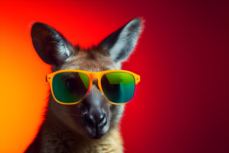Funny kangaroowearing sunglasses in studio with a colorful and bright background. Created with generative AIの素材