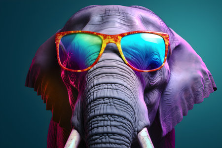 Funny elephant wearing sunglasses in studio with a colorful and bright background. Created with generative AIの素材