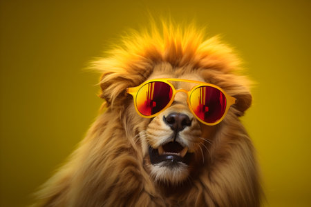 Funny lion wearing sunglasses in studio with a colorful and bright background. Created with generative AIの素材