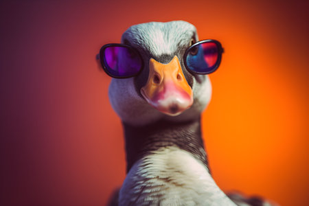 Funny goose wearing sunglasses in studio with a colorful and bright background. Created with generative AIの素材
