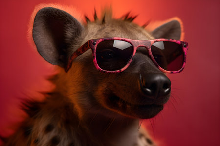 Funny hyena wearing sunglasses in studio with a colorful and bright background. Created with generative AIの素材