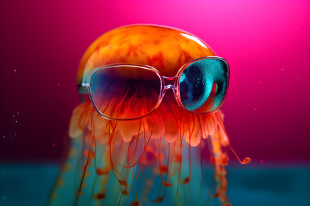 Funny jellyfish wearing sunglasses in studio with a colorful and bright background. Created with generative AIの素材