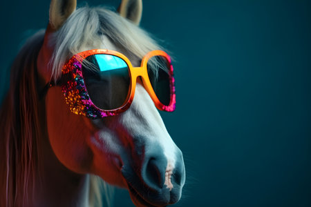 Funny horse wearing sunglasses in studio with a colorful and bright background. Created with generative AIの素材